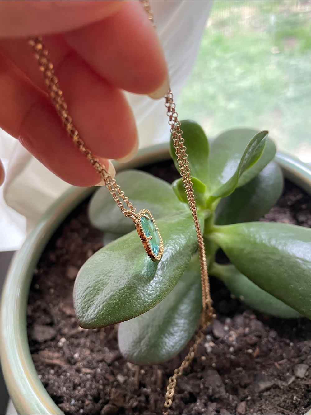 Delicate Gold Pendant Necklace with Aqua Green Stone